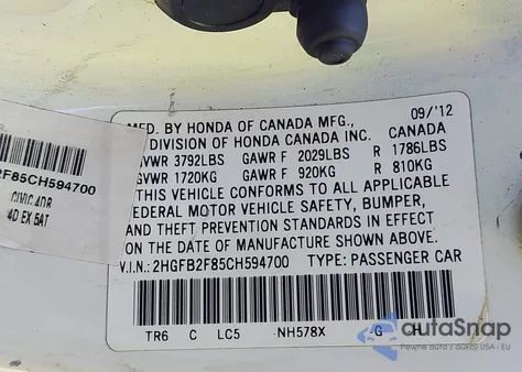 2012 Honda Civic Ex z USA, uszkodzony, nr VIN 2HGFB2F85CH594700